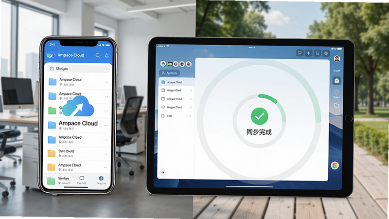 主体:Ampace Cloud 在手机和平板上使用的场景图,展示移动端界面。布局:左侧为手机竖屏,右侧为平板横屏,背景为办公室和户外场景。排版:两设备屏幕中显示Ampace Cloud的文件列表和同步状态,界面简洁。风格:写实生活风,光线明亮,色彩自然。细节:手机屏幕上有“Ampace Cloud”Logo,平板上有“同步完成”提示。画质:高清细节,画面干净,无多余元素。