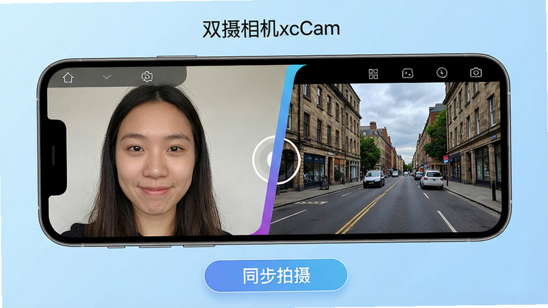 һ��˫�����xcCam����ʾ��ͼ������Ϊ���ҷ������ֻ���ͼ�Աȣ������Ļ��ʾǰ������ͷ������������Ļ��棬�Ҳ���Ļ��ʾ��������ͷ����Ľֵ��羰���м���һ������ָ��߸������·����С�ͬ�����㡱�����ⰴť������Ϊǳ��ɫ���䣬���Ϊ�Ƽ���ʮ���UIչʾͼ�����ֶԳƹ�����ϸ��������������Ԫ�أ����ʸ��壬ͼƬ������С�˫�����xcCam������������ɾ��޶���Ԫ�ء�