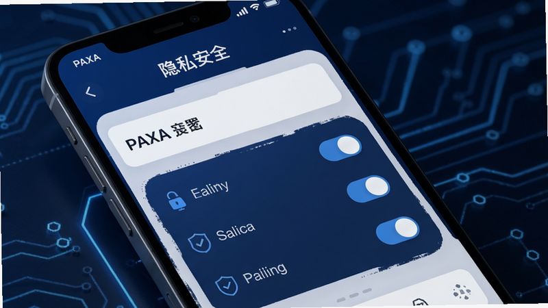 展示PAXA隐私保护功能的图片,主体是手机屏幕中PAXA的加密设置页面,布局清晰,上方有“隐私安全”标题,下方是几个开关选项,风格为科技感UI设计,色彩以深蓝为主,细节丰富,画质高,无多余元素