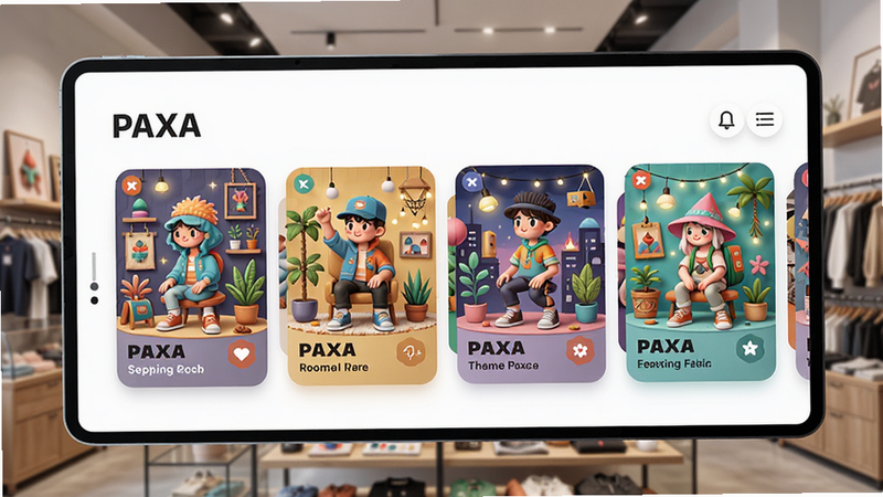 展示PAXA主题商店的图片,主体是PAXA的主题选择页面,布局为横向滑动卡片,每张卡片显示不同风格的预览图,风格为多彩的UI设计,色彩鲜艳,细节精致,画质高,无多余元素