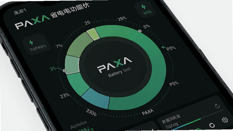 展示PAXA省电优化功能的图片,主体是PAXA的电池管理界面,布局为环形图展示电量消耗分布,风格为数据可视化设计,色彩以绿色为主,细节清晰,画质干净,无多余元素