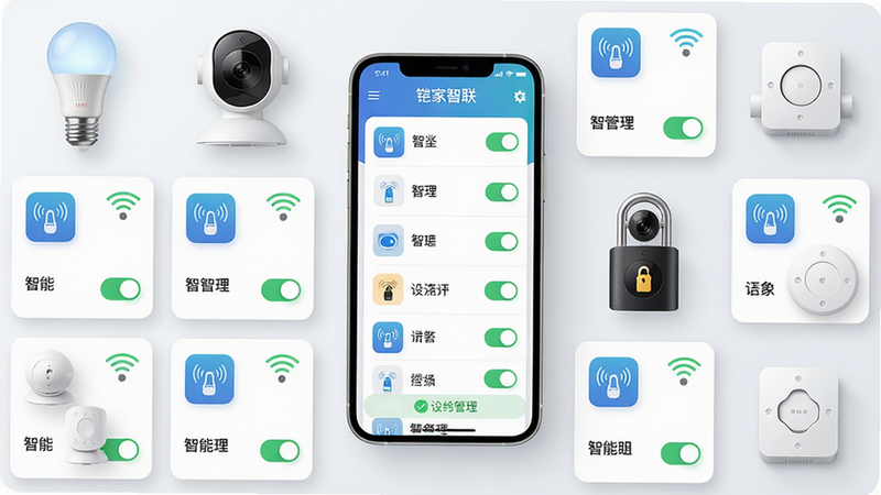 主体:多种智能设备(智能灯泡、摄像头、智能门锁、传感器)围绕一部手机,手机屏幕显示“铠家智联”设备管理列表。布局:设备以网格状排列在手机周围,手机位于中央,屏幕显示设备图标和状态。排版:卡片式设计,每个设备卡片包含图标、名称和开关状态。风格:科技感,清新明亮,设备细节丰富。细节:设备图标带有无线信号标识,手机屏幕有绿色连接成功提示。画质:高清,干净,无多余元素。