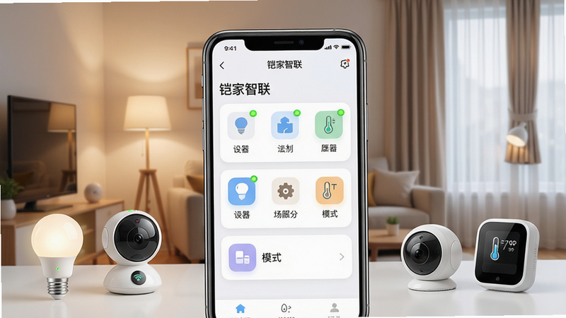 主体:智能家居控制界面,手机屏幕显示“铠家智联”App主页面,背景是温馨的客厅,灯光和窗帘自动调节。布局:手机居中,界面清晰显示设备列表和场景模式图标,周围有智能灯泡、摄像头、温湿度计等设备环绕。排版:界面采用卡片式布局,图标圆润,文字标签简洁。风格:现代简约,科技感,明亮色调,界面干净无多余元素。细节:手机屏幕高亮,设备图标带有状态指示灯,客厅光线柔和。画质:高清,干净,无多余元素。