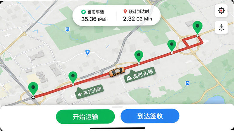 ���壺����˾��APP�Ĺ켣׷��ҳ�棬��ͼ����ʾһ������㵽�յ�ĺ�ɫ·�ߣ���;�ж����ɫ��λ�㣬�ײ��С���ʼ���䡱������ǩ�ա���ť�����֣���ͼռ����Ļ�󲿷֣��Ϸ�������ʾ��ǰ���ٺ�Ԥ�Ƶ���ʱ�䣬�·�Ϊ������ť���Ű棺��Ϣ���ֱ�ۣ���ť���ø߶Աȶ���ɫ����񣺵�ͼ���дʵ��·��������UIԪ���ִ���ϸ�ڣ�����ͼ����·���ƶ�����ʵʱ·����ʾ�����ʸ��壬�޶���Ԫ�ء�