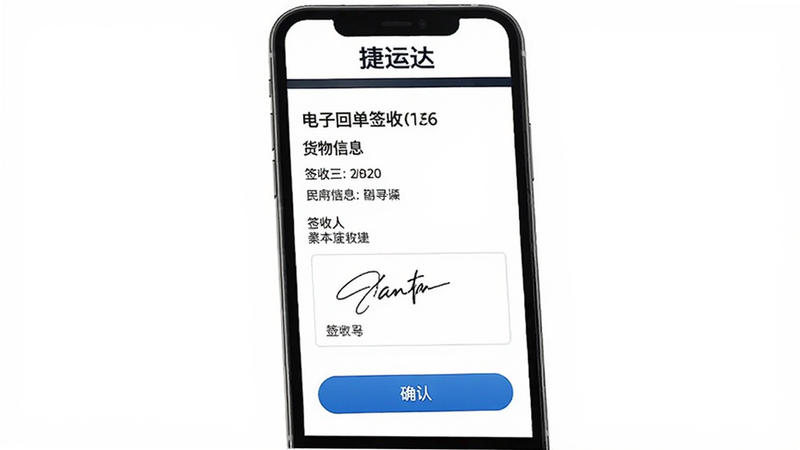 主体为手机屏幕显示电子回单签收页面,包含货物信息、签收人签名区域与确认按钮,顶部有“捷运达”字样,背景为白色,排版简洁,风格商务,画质清晰,无多余元素。