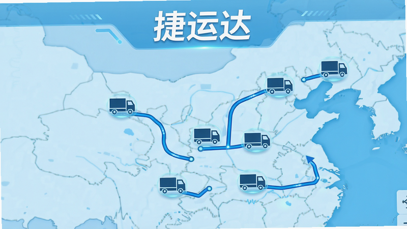 主体为地图界面显示多辆货车图标与行驶路线,地图上方有“捷运达”文字标识,界面以浅蓝色背景为主,路线为蓝色线条,图标清晰,布局合理,风格科技感强,画质干净,无多余元素。