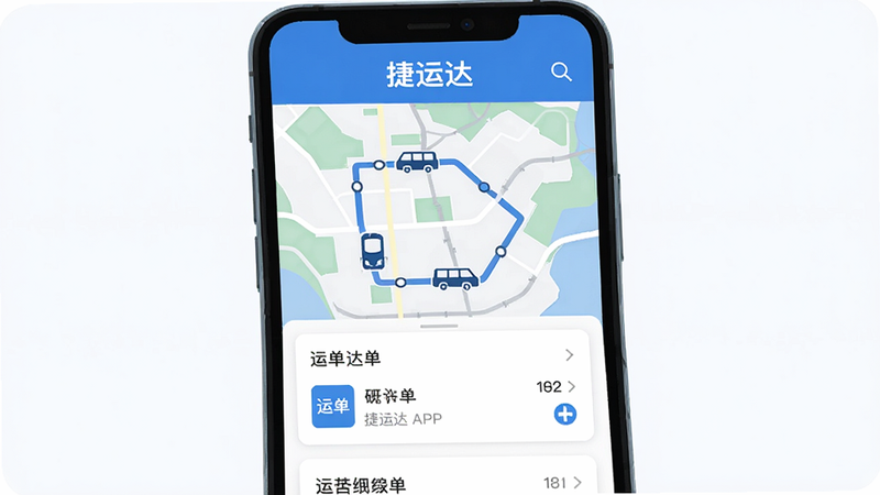 主体为一部智能手机屏幕显示捷运达APP主界面,界面顶部有“捷运达”文字标识,中间是地图路线与车辆图标,下方为运单列表卡片,整体布局简洁现代,采用蓝色与白色为主色调,扁平化设计风格,画质清晰干净,无多余元素。