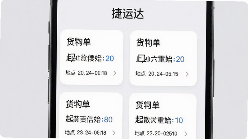 主体为手机界面展示运单列表,每张运单卡片显示货物名称、起止地点与时间,顶部有“捷运达”字样,背景为淡灰色,卡片式布局,排版整齐,风格简洁商务,画质干净,无多余元素。