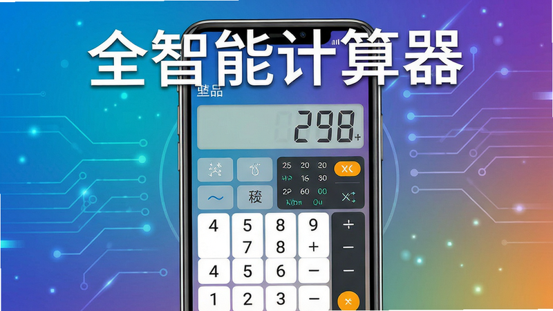 一张展示全智能计算器主界面的高清图片,主体为手机屏幕上的计算器界面,布局清晰,包含数字键盘、科学函数按钮和结果展示区,背景为渐变色科技风格,画面干净无多余元素,画质细腻,突出软件名称“全智能计算器”文字。