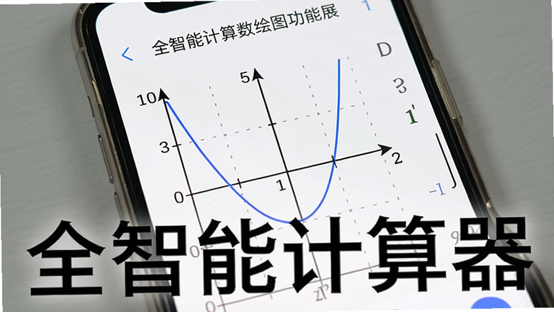 全智能计算器函数绘图功能展示,主体为手机屏幕,显示一个抛物线的二维坐标图,坐标轴清晰,函数曲线平滑,界面为白色背景,简洁明了,突出“全智能计算器”字样。