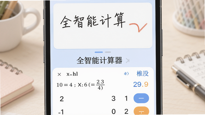 全智能计算器公式识别功能演示图,主体为手机屏幕,上方是手写输入区域,下方显示识别出的公式和计算结果,界面简洁,色彩柔和,突出软件名称“全智能计算器”。
