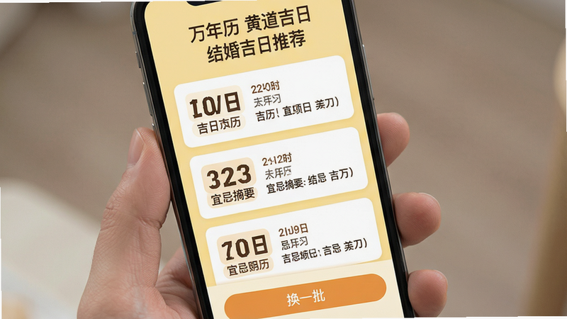 主体:手机屏幕展示吉日推荐列表,列表项包含日期、农历、宜忌摘要,顶部有“万年历黄道吉日”和“结婚吉日推荐”标题,底部有“换一批”按钮。布局:列表纵向排列,每项用卡片样式隔开,背景为浅黄色。排版:日期加粗突出,宜忌文字简洁。风格:现代扁平化UI,色调温暖,画质清晰,干净,无多余元素。