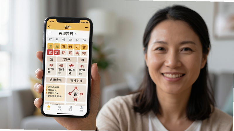 主体:用户手持手机查看万年历黄道吉日应用中的吉日详情,屏幕显示日期、宜忌、吉神方位等,用户面带微笑。布局:用户位于画面右侧,手机屏幕朝镜头,背景为模糊的室内环境。排版:手机屏幕内容清晰可见,用户表情自然。风格:写实摄影风格,画质高清,干净,无多余元素。