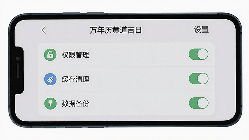 主体:手机横屏显示应用设置页面,页面中有“权限管理”、“缓存清理”、“数据备份”等选项,顶部有“万年历黄道吉日”和“设置”字样。布局:设置项纵向排列,背景为浅灰色,右侧有开关按钮。排版:文字清晰,图标简洁。风格:扁平化设计,画质干净,无多余元素。
