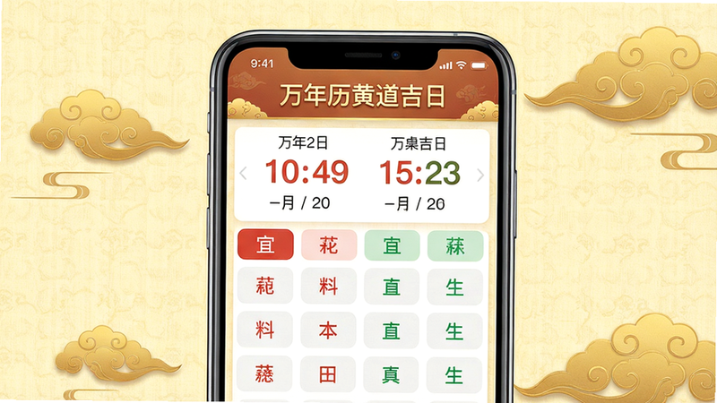 主体:一部智能手机屏幕显示万年历黄道吉日应用界面,界面顶部有“万年历黄道吉日”字样,下方展示农历日期和宜忌列表。布局:手机居中,屏幕内容清晰可见,背景为淡黄色传统纹理,周围点缀金色祥云图案。排版:界面文字排版整齐,日期数字突出,宜忌项用红绿两色区分。风格:写实风格,传统中国风与现代UI结合,画质高清,干净,无多余元素。