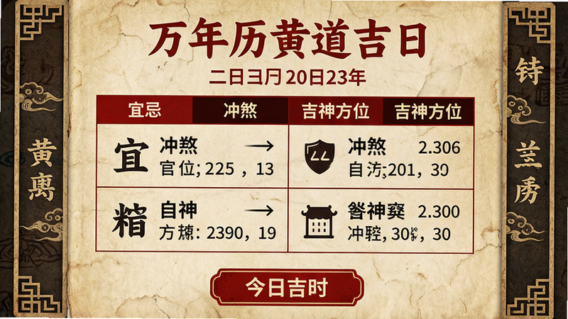 主体:老黄历查询页面特写,页面顶部显示“万年历黄道吉日”和当日农历日期,下方表格列出宜忌、冲煞、吉神方位等条目,每条目有对应图标。布局:页面居中展示,左右两侧点缀古风边框,底部有“今日吉时”按钮。排版:条目分列两行,文字清晰,颜色以红黑为主。风格:古风纸质质感,UI简洁,画质细腻,干净,无多余元素。