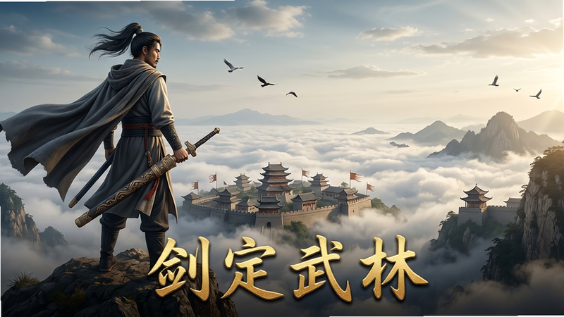 主体:一位身披斗篷的侠客站在山巅,俯瞰云海中的武林城郭;布局:侠客位于画面左侧三分之一处,右侧留白展现壮阔山河;排版:画面底部中央嵌入“剑定武林”四个金色大字;风格:写实武侠风,光影层次丰富;细节:斗篷随风飘动,剑鞘纹路清晰,远处有飞鸟掠过;画质:8K超清,干净无多余元素