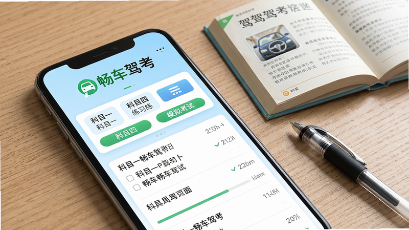画面主体为一部智能手机屏幕显示畅车驾考App主界面,界面顶部有“畅车驾考”绿色Logo和名称,下方展示科目一、科目四练习模块和模拟考试按钮,背景为浅蓝色渐变,手机斜放于木质桌面,旁边有一本翻开的小型驾考教材和一支中性笔,整体布局干净,排版清晰,风格写实明亮,细节包括屏幕内题目列表和进度条,画质高清,干净无多余元素