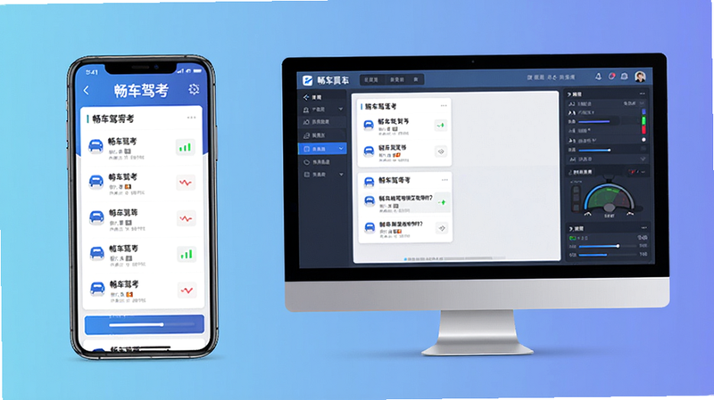 画面主体为畅车驾考App在手机和电脑模拟器上运行的对比图,左侧是手机竖屏界面,右侧是电脑模拟器横屏界面,背景为渐变色,整体布局左右对称,排版清晰,风格科技感,细节包括屏幕中的题目列表和进度条,画质高清,干净无多余元素