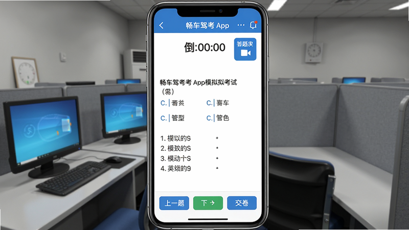画面主体为畅车驾考App模拟考试界面截图,屏幕中央显示一道选择题,顶部有倒计时和答题卡,底部有上一题、下一题和交卷按钮,背景是模拟考场环境,有电脑和隔板,整体布局居中对称,排版清晰,风格写实,细节包括题目文字和选项,画质高清,干净无多余元素
