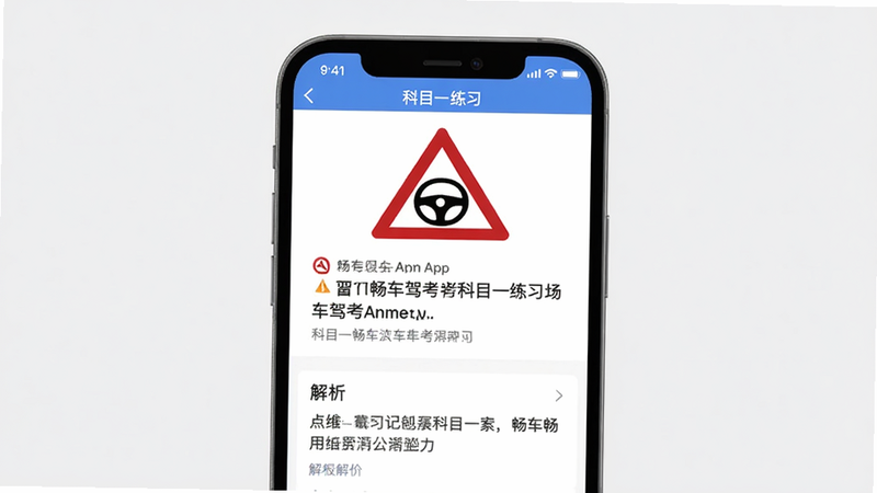画面主体为畅车驾考App科目一练习界面,屏幕上有一道关于交通标志的题目,下方有解析区域,背景为浅灰色,整体布局居中,排版简洁,风格扁平化,细节包括标志图和文字,画质高清,干净无多余元素