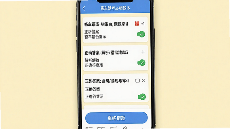 画面主体为畅车驾考App错题本界面,屏幕上有错题列表,每条错题显示题干、正确答案和解析,界面下方有“重练错题”按钮,背景为淡黄色,整体布局列表式,排版整齐,风格简约,细节包括红色错误标记和绿色正确标记,画质高清,干净无多余元素