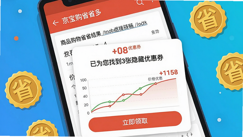 图片展示一部安卓手机连接着京宝购物省省多的界面,屏幕上显示一行商品链接解析结果,下方弹出“已为您找到3张隐藏优惠券”的提示,并伴有价格曲线图。画面采用扁平化设计风格,色彩明快,重点突出优惠券金额与“立即领取”按钮,手机旁散落着几个带“省”字样的金色圆章,整体布局清晰直观,画质干净利落,无多余元素。