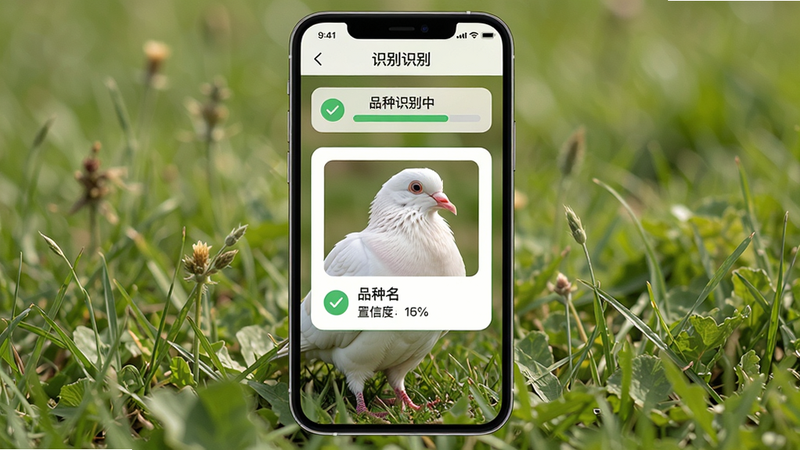 主体:WinPigeon应用正在识别一只白色鸽子,屏幕上显示“品种识别中”的进度条和识别结果卡片。布局:手机居中,背景为草地,识别界面清晰可见。排版:识别结果以卡片形式展示,包含鸽子照片、品种名称和置信度百分比。风格:自然光线下,真实感强,色彩柔和。细节:鸽子羽毛蓬松,识别卡片带有绿色对勾图标,界面元素圆润。画质:高清,干净,无多余元素。