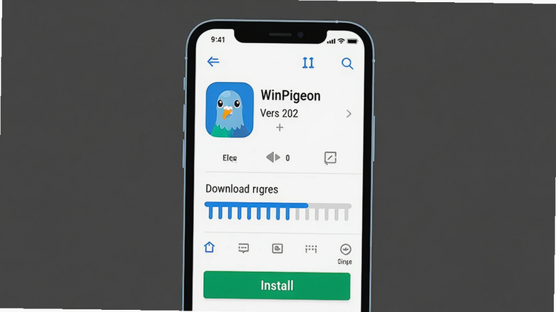 主体:WinPigeon应用在手机上的下载页面,显示下载进度条和安装按钮。布局:手机居中,屏幕显示应用商店界面,下载进度条清晰可见。排版:进度条为蓝色,安装按钮为绿色,界面简洁。风格:现代扁平化风格,色彩明亮。细节:屏幕上有“WinPigeon”字样和版本号,背景为纯色。画质:高清,干净,无多余元素。