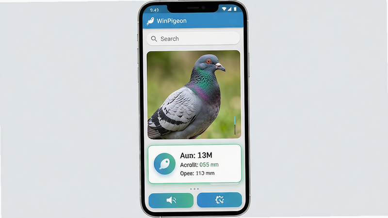 主体:一款名为“WinPigeon”的安卓应用界面,展示鸽子识别功能,屏幕中央有一只清晰的鸽子照片,下方显示识别结果和品种信息。布局:手机竖屏界面,顶部为应用栏和搜索框,中间为识别区域,底部为功能按钮。排版:简洁现代,信息层级分明,识别结果用高亮卡片突出。风格:科技感与自然结合,色彩清新明亮。细节:鸽子羽毛纹理清晰,识别结果卡片带有图标和文字,背景为浅灰色。画质:高清,干净,无多余元素。