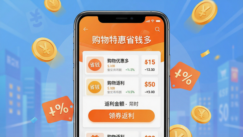 主体:一款名为“购物特惠省钱多”的安卓手机应用界面展示,手机屏幕中显示购物优惠券列表和返利金额。布局:手机居中,屏幕内容清晰可见,周围有金币和折扣标签装饰。排版:界面简洁,功能图标排列整齐,突出“省钱”主题。风格:现代扁平化设计,色彩明亮,以橙色和白色为主。细节:屏幕上显示“购物特惠省钱多”字样,以及“领券返利”按钮,背景为渐变色。画质:高清渲染,干净,无多余元素。