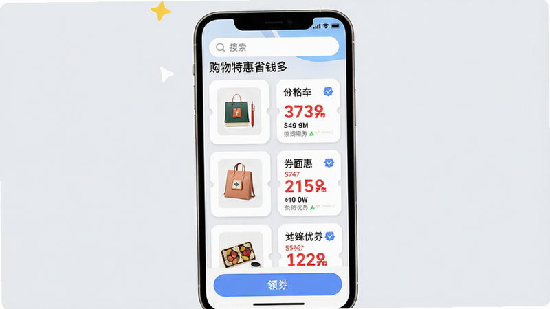 主体:“购物特惠省钱多”应用内的优惠券列表页面,展示多张商品优惠券卡片。布局:手机屏幕占据画面主体,券卡片以网格形式排列,每张卡片显示商品图片、价格和券面金额。排版:信息层级分明,价格和优惠金额用醒目的红色字体突出。风格:清新明亮,卡片圆角设计,背景为浅灰色。细节:屏幕顶部有搜索栏,底部有“领券”按钮,整体氛围活泼。画质:高清,干净,无多余元素。