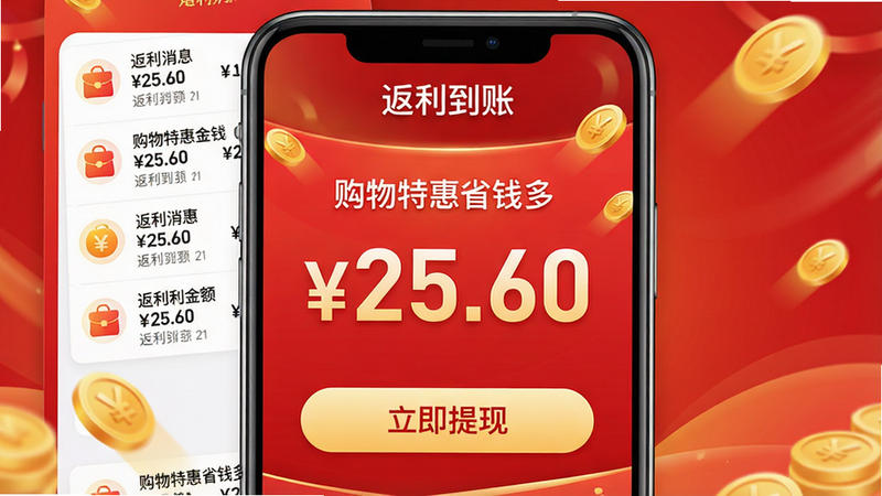 主体:“购物特惠省钱多”应用返利到账通知界面,显示返利金额和提现按钮。布局:手机屏幕中央展示一个红色的金额数字“¥25.60”,下方有“立即提现”按钮。排版:简洁直观,数字使用大号粗体字。风格:喜庆风格,背景为红色渐变,带有金币动画效果。细节:屏幕顶部显示“返利到账”字样,还有一条消息列表。画质:高清渲染,干净,无多余元素。
