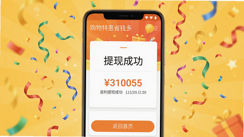 主体:一部安卓手机正在使用“购物特惠省钱多”应用,屏幕显示返利提现成功页面。布局:手机位于画面中央,屏幕上有“提现成功”字样和金额,周围有庆祝彩带效果。排版:简洁明了,突出提现成功的信息。风格:明亮喜庆,背景为暖黄色。细节:手机底部有“返回首页”按钮,屏幕上方显示应用名称。画质:高清,干净,无多余元素。