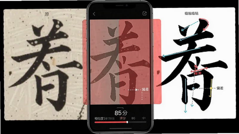 书法临帖练字掌上必备智能比对功能演示图,主体为手机竖屏界面,左侧显示原碑帖字,右侧显示用户临摹字,中间用半透明红色蒙版叠加对比,底部有相似度评分85分,布局左右对称,排版直观,风格科技感,细节包括评分进度条与笔画偏差标注线,画质清晰无多余元素