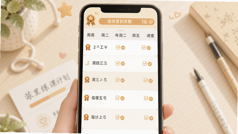 书法临帖练字掌上必备课程计划界面,主体为手机竖屏,显示一周七天练习日历,每天有打卡勾选标记,顶部有连续签到天数,布局列表式,排版清晰,风格温馨鼓励,细节包括徽章图标与进度条,画质柔和干净,无多余元素