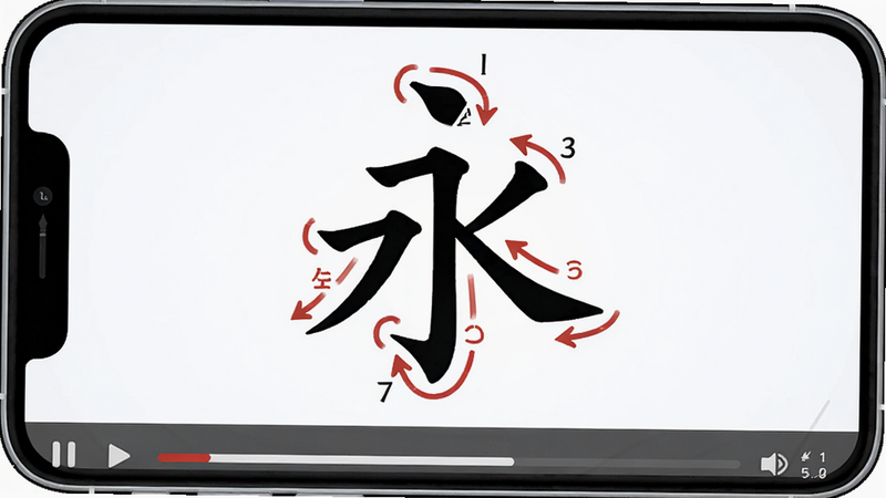书法临帖练字掌上必备笔画分解动画截图,主体为手机屏幕中一个楷书永字,周围有红色箭头轨迹线表示运笔方向,下方有播放控制条,布局居中,排版简洁,风格卡通教学风,细节包括笔尖箭头与步骤序号,画质干净清晰,无多余元素