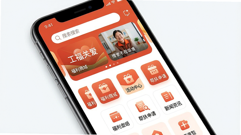 一张展示手机界面的高清图片,手机屏幕中清晰显示“工福关爱”APP的主页,顶部有搜索栏和轮播图,下方是功能图标网格,包括福利商城、活动中心、帮扶申请、新闻资讯等,整体色调以温暖的橙红色为主,界面简洁现代,画质清晰,干净无多余元素。