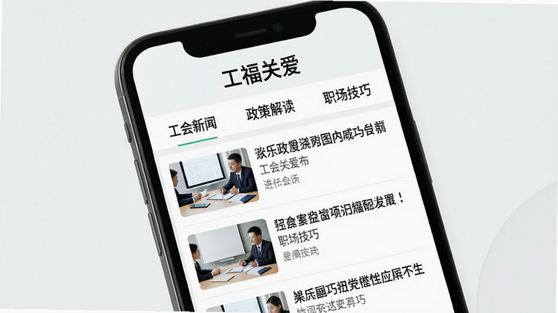 一张新闻阅读界面图片,手机屏幕显示“工福关爱”资讯频道,顶部有分类标签如“工会新闻”、“政策解读”、“职场技巧”,下方是文章列表,配有缩略图和标题,整体风格简约,画质清晰,干净无多余元素。