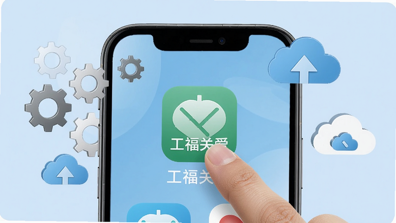 一张手机操作演示图片,画面中手指点击屏幕上的“工福关爱”APP图标,手机周围有齿轮和云朵图标代表设置与云同步,背景为浅蓝色,画质清晰,干净无多余元素。