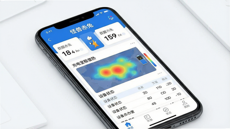 一张智能手机屏幕展示怪兽赤兔APP的主界面,界面设计简洁现代,顶部显示“怪兽赤兔”字样和数据概览卡片,中部为充电宝租借热力图与设备状态列表,底部导航栏清晰。整体风格采用蓝白企业色,扁平化设计,UI细节精致,高清画质,产品渲染图风格,干净无多余元素