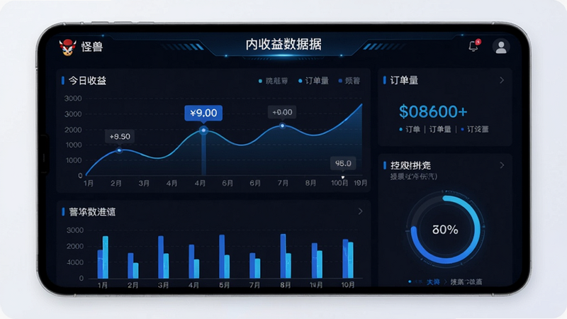 一张怪兽赤兔APP内收益数据看板的屏幕截图,界面以深色背景突出数据可视化图表,包含折线图、柱状图和百分比环图,显示“今日收益”、“订单量”等核心字段,蓝色高亮数据,科技感UI设计,高清细腻画质