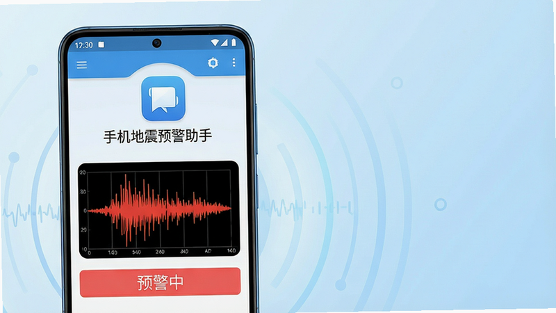 主体为一部亮屏的安卓智能手机,屏幕中央显示“手机地震预警助手”APP界面,界面有醒目的地动仪波形图与红色“预警中”状态字样。布局为手机居中偏左,右侧留白配以浅蓝色渐变背景,象征安全与科技感。排版简洁,突出APP图标与名称。风格写实且具科技感,细节包括屏幕上的时间、电量图标,画质高清,干净,无多余元素。