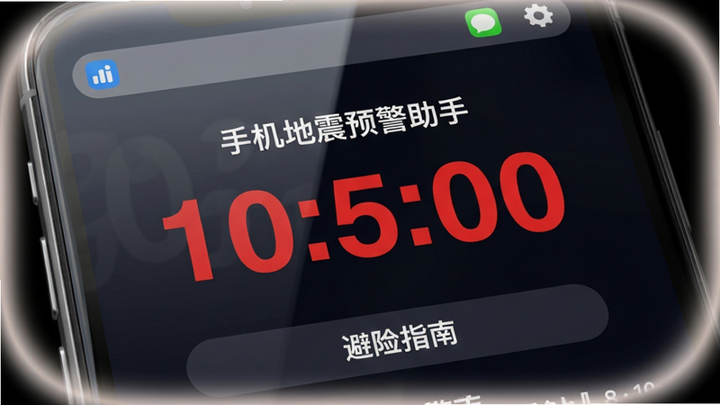 主体为手机屏幕特写,屏幕上显示“手机地震预警助手”的预警倒计时界面,背景为深色,中央有巨大的红色数字倒计时,下方有“避险指南”按钮。布局为手机屏幕占满画面,边缘有柔光。排版将倒计时数字置于视觉中心,风格写实,细节包括屏幕玻璃反光和通知栏图标,画质清晰,干净无多余元素。