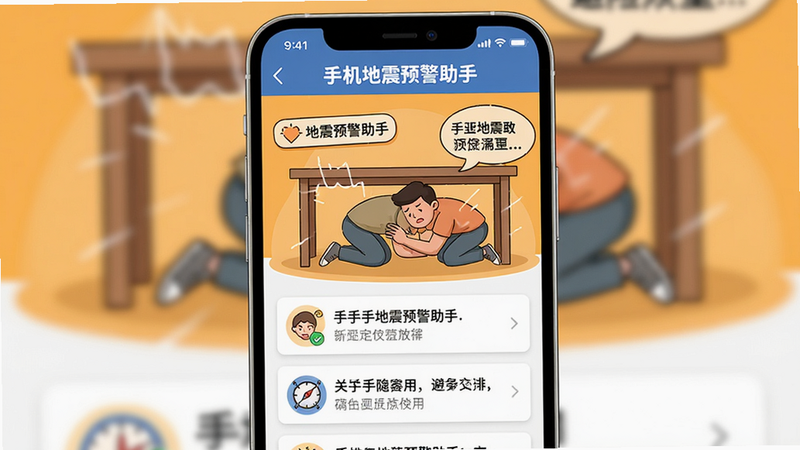 主体为手机屏幕显示“手机地震预警助手”的避险指南页面,页面上有插画人物正在桌子下躲避,并配有文字说明。布局为手机居中,背景为橙黄色暖色调,指南卡片以列表形式排列。排版清晰,风格卡通与写实结合,细节包括插画线条和文字气泡,画质干净,无多余元素。