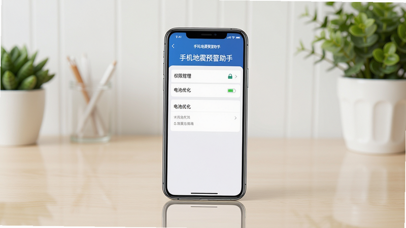 主体为一部手机放在桌面上,屏幕显示“手机地震预警助手”的设置界面,有“权限管理”、“电池优化”等选项。布局为手机居中,背景为浅色桌面,有绿植点缀。排版清晰,风格写实,细节包括屏幕上的中文文字和桌面倒影,画质干净,无多余元素。