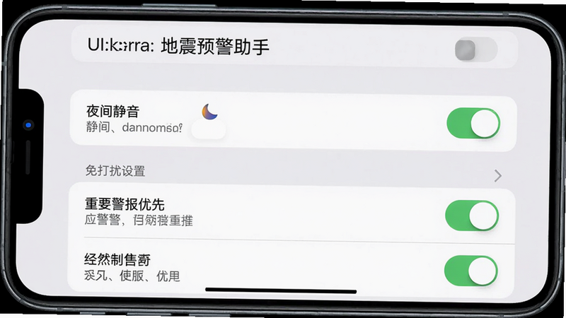 主体为手机设置界面截图,显示“手机地震预警助手”的免打扰设置选项,包括“夜间静音”、“重要警报优先”等开关。布局为手机屏幕居中,背景为淡灰色,设置列表清晰可见。排版简洁明了,风格写实,细节包括滑块开关和文字说明,画质干净,无多余元素。