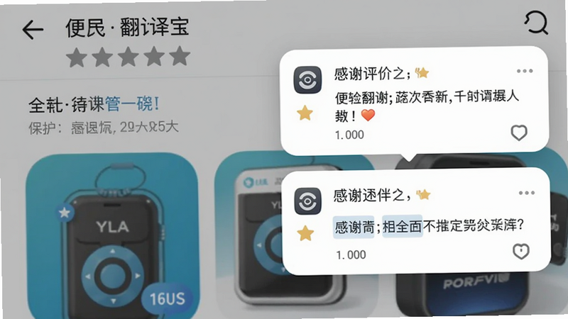 展示全能翻译宝的用户评价截图,五星好评和感谢留言浮窗,背景为应用商店界面,画质干净,无多余元素。