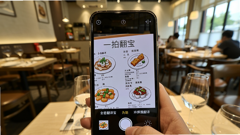 展示全能翻译宝拍照翻译功能的操作流程,手机对准一张英文菜单拍摄,屏幕上即时显示中文译文,菜单上有清晰的菜品图片,背景为餐厅环境,画面明亮,画质细腻,无多余元素。