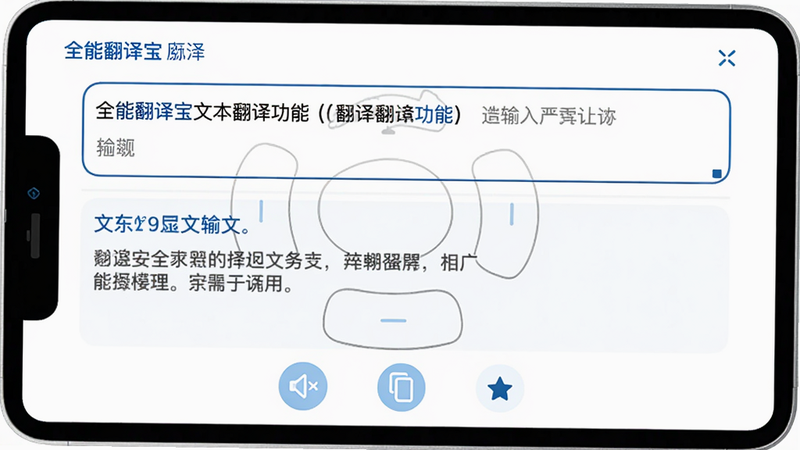 展示全能翻译宝文本翻译功能的界面,上方为原文输入区,下方为译文显示区,译文下方有朗读、复制、收藏图标,界面以白色为主,蓝色点缀,画质干净,无多余元素。